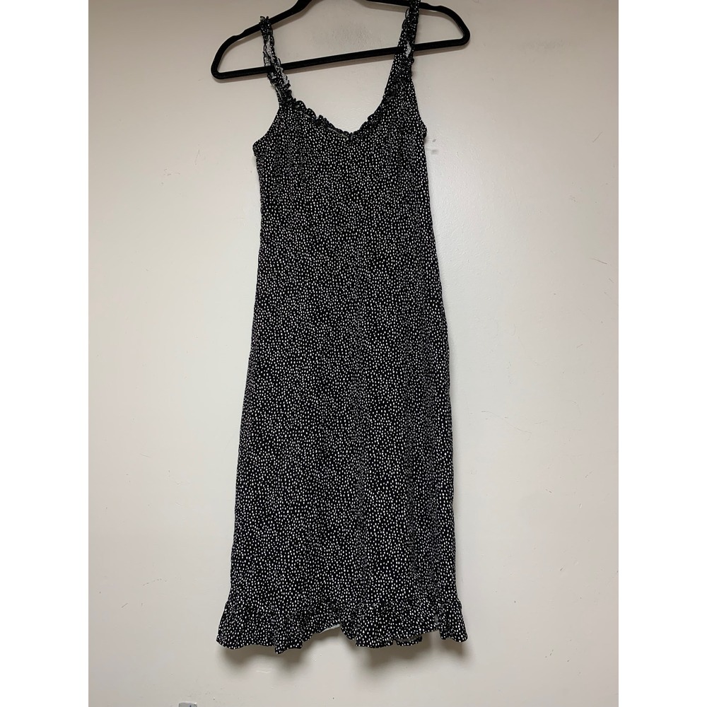 Express Polka Dot Ruffle Hem Midi Dress Womens XS Black Excellent Smocked Back